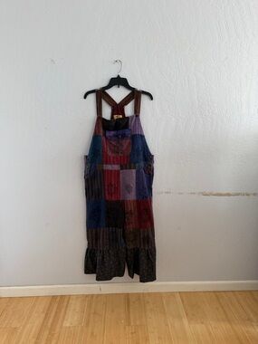 Patchwork Embroidered Overalls Jumper in Multicolor Squares